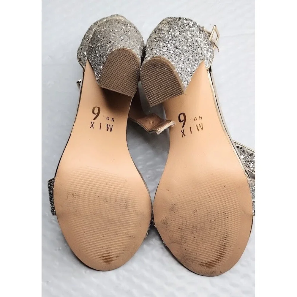 Mix No 6 Womens Glitter Block Heel‎ Ankle Strap Sandals Gold Silver size 8